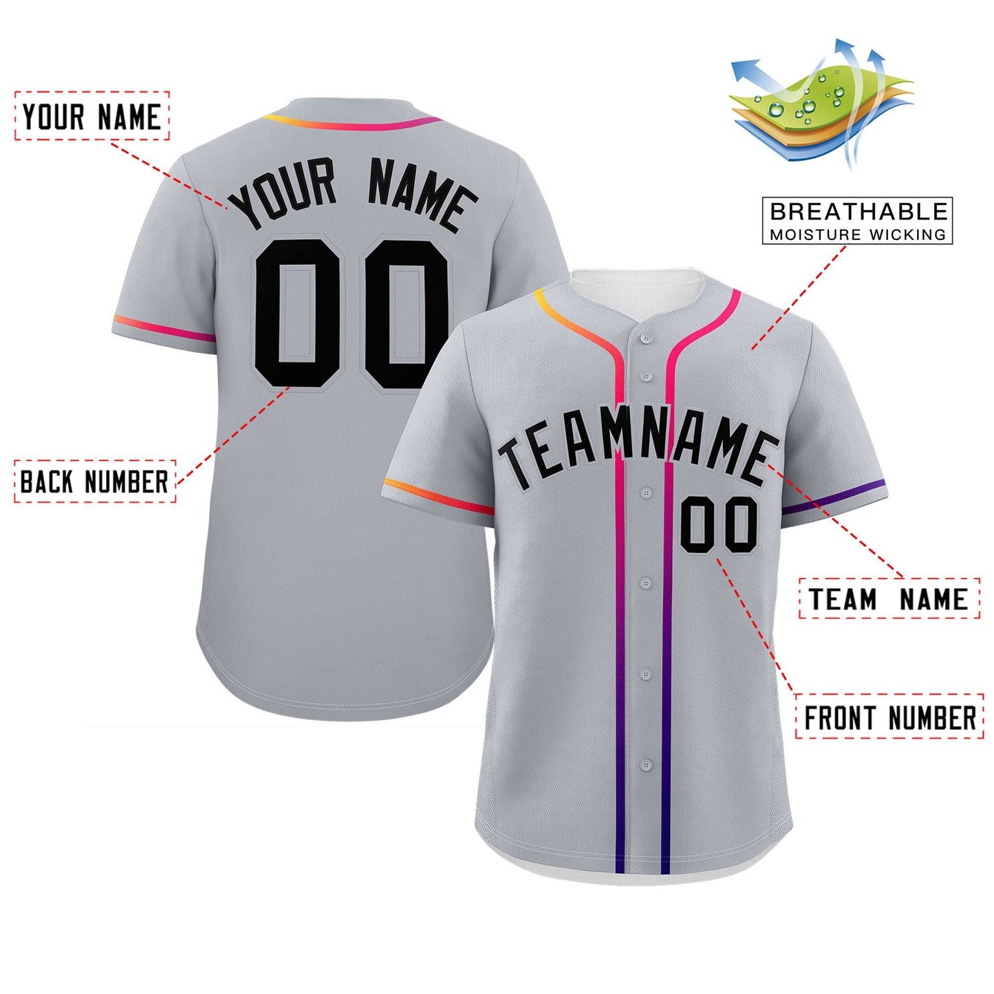 Custom Light Gray Black Personalized Gradient Ribbed Design Authentic Baseball Jersey