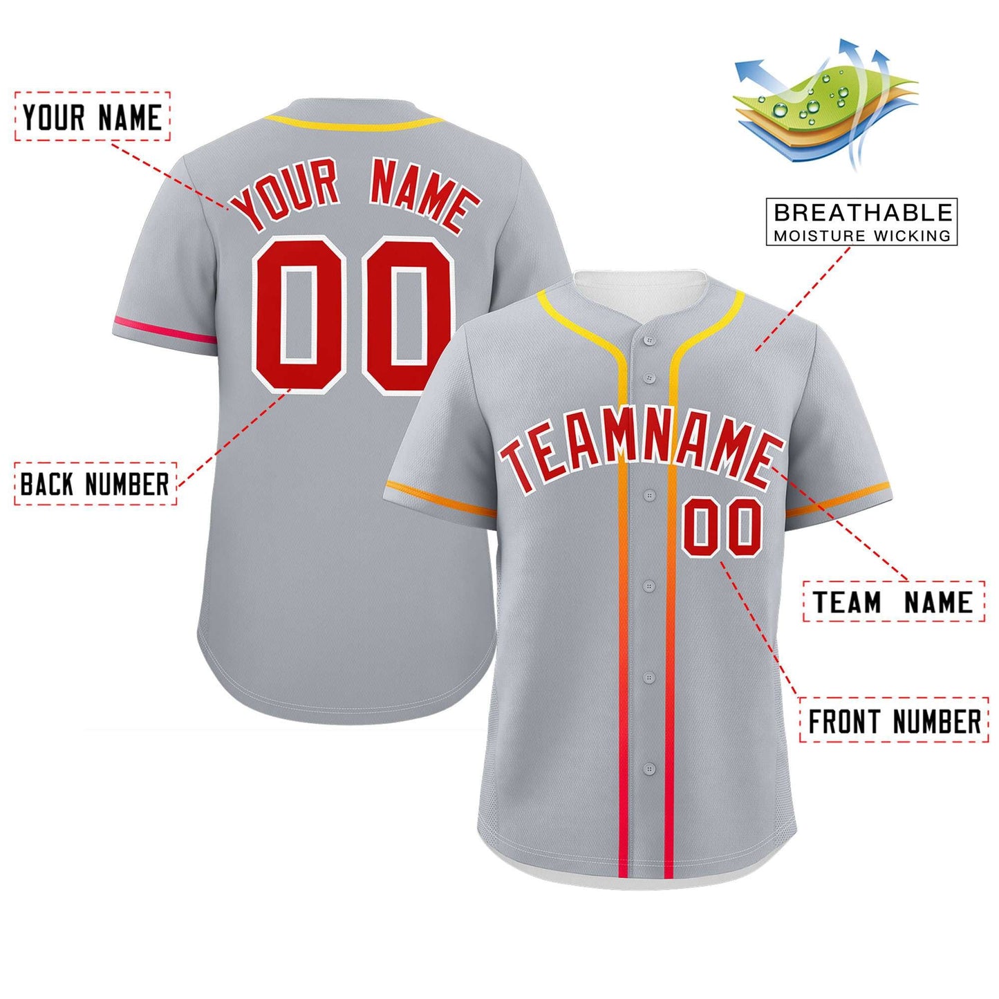 Custom Light Gray Red Personalized Gradient Ribbed Design Authentic Baseball Jersey