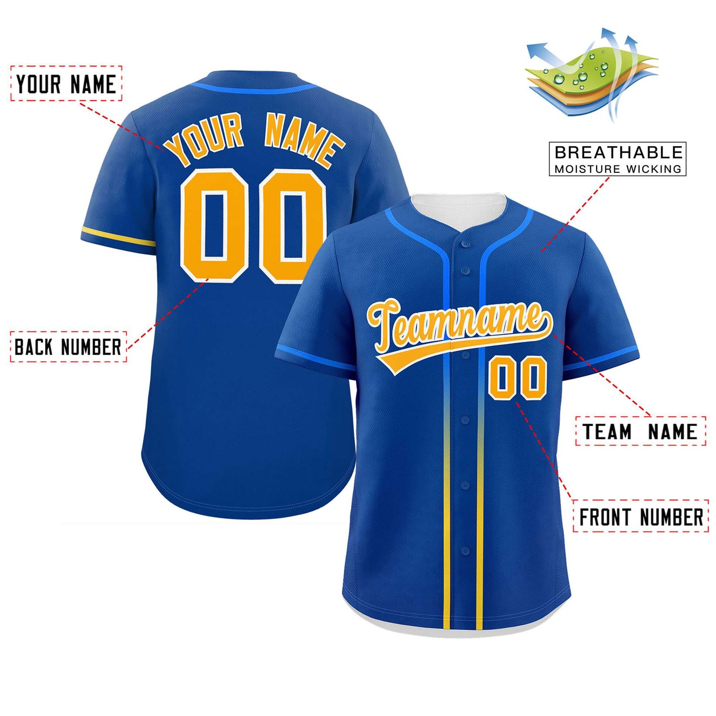 Custom Royal Yellow Personalized Gradient Ribbed Design Authentic Baseball Jersey