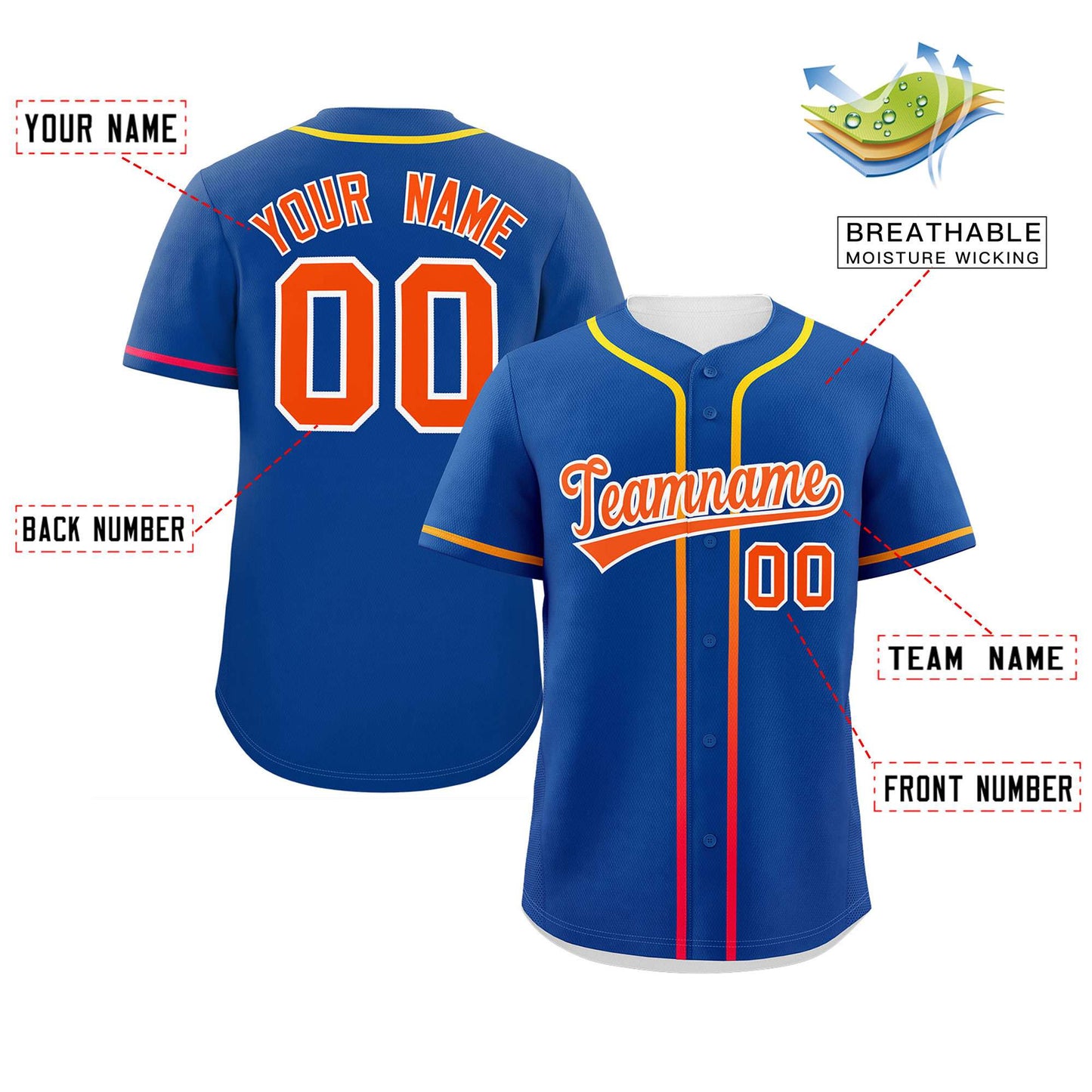 Custom Royal Orange Personalized Gradient Ribbed Design Authentic Baseball Jersey