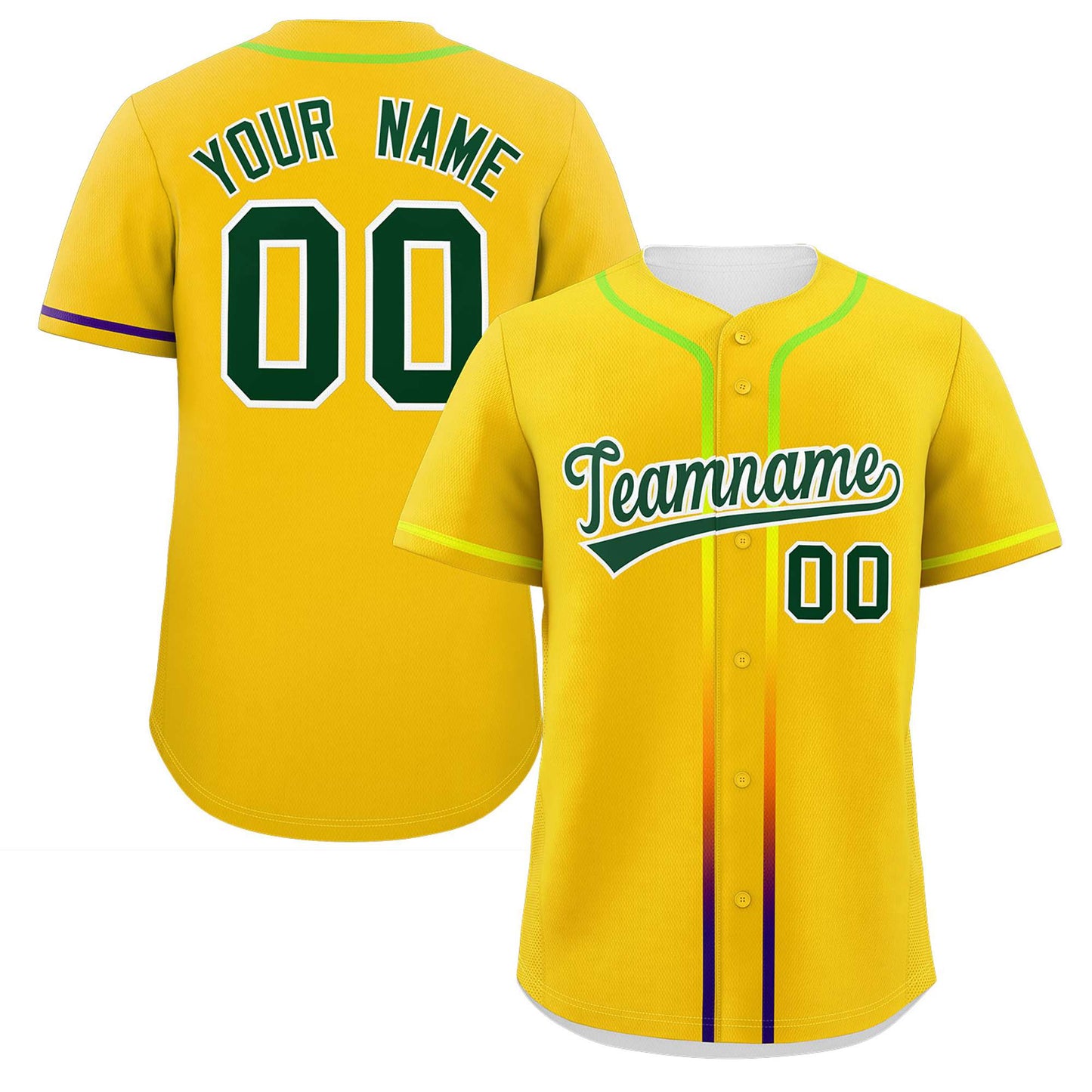 Custom Gold Green Personalized Gradient Ribbed Design Authentic Baseball Jersey