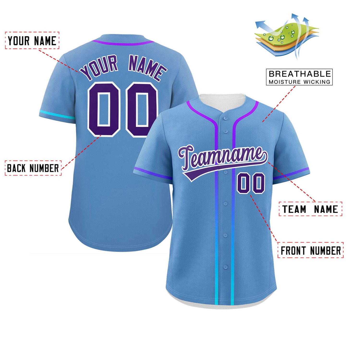 Custom Light Blue Purple Personalized Gradient Ribbed Design Authentic Baseball Jersey