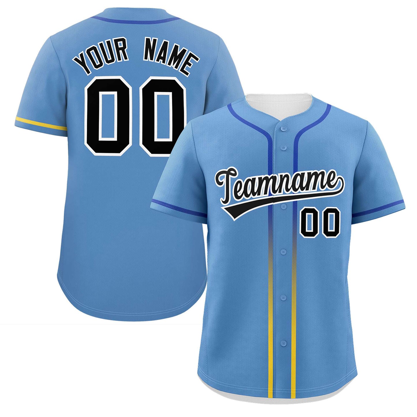 Custom Light Blue Black Personalized Gradient Ribbed Design Authentic Baseball Jersey