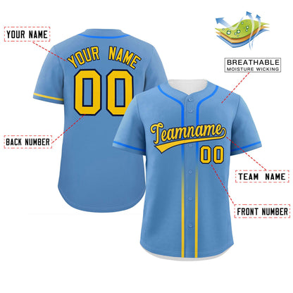 Custom Light Blue Gold Personalized Gradient Ribbed Design Authentic Baseball Jersey