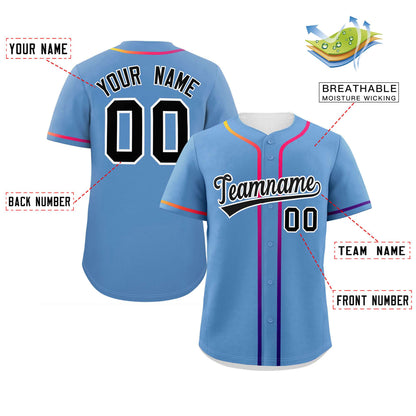 Custom Light Blue Black Personalized Gradient Ribbed Design Authentic Baseball Jersey