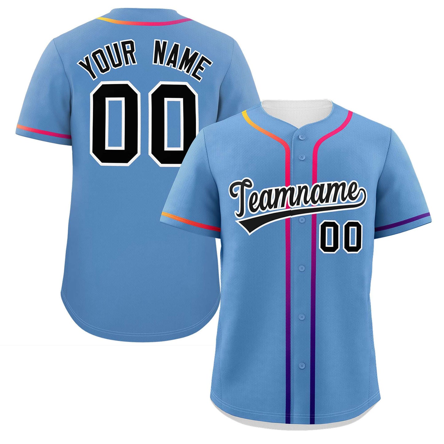 Custom Light Blue Black Personalized Gradient Ribbed Design Authentic Baseball Jersey