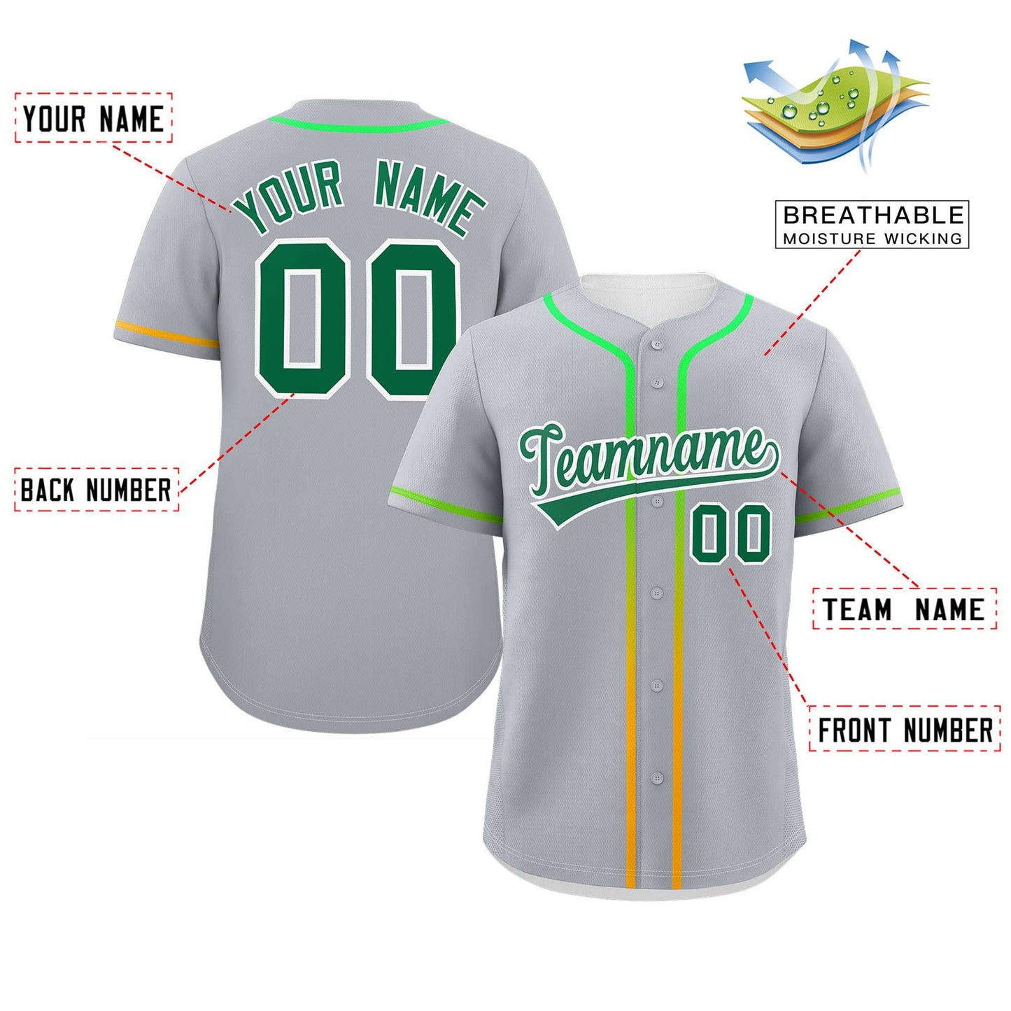 Custom Light Gray Kelly Green Personalized Gradient Ribbed Design Authentic Baseball Jersey