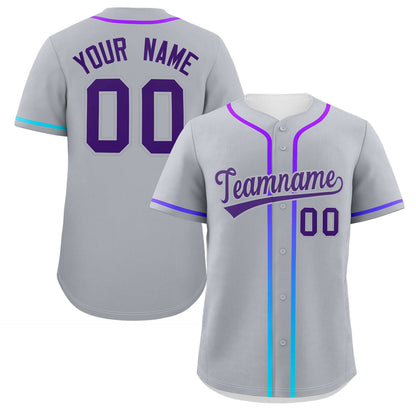 Custom Light Gray Purple Personalized Gradient Ribbed Design Authentic Baseball Jersey