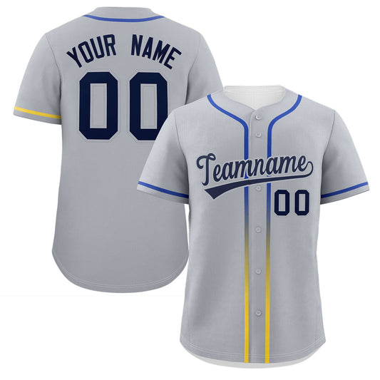 Custom Light Gray Navy Personalized Gradient Ribbed Design Authentic Baseball Jersey