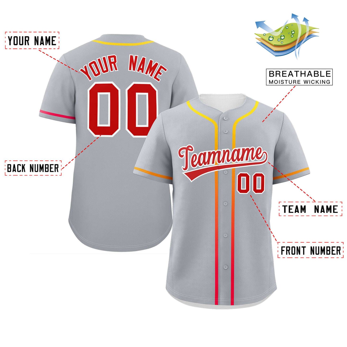 Custom Light Gray Red Personalized Gradient Ribbed Design Authentic Baseball Jersey