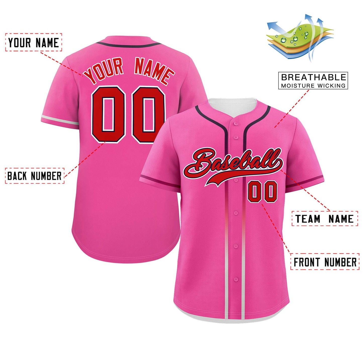 Custom Pink Red Personalized Gradient Ribbed Design Authentic Baseball Jersey