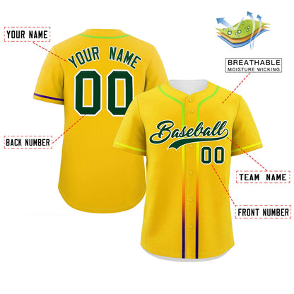 Custom Gold Green Personalized Gradient Ribbed Design Authentic Baseball Jersey