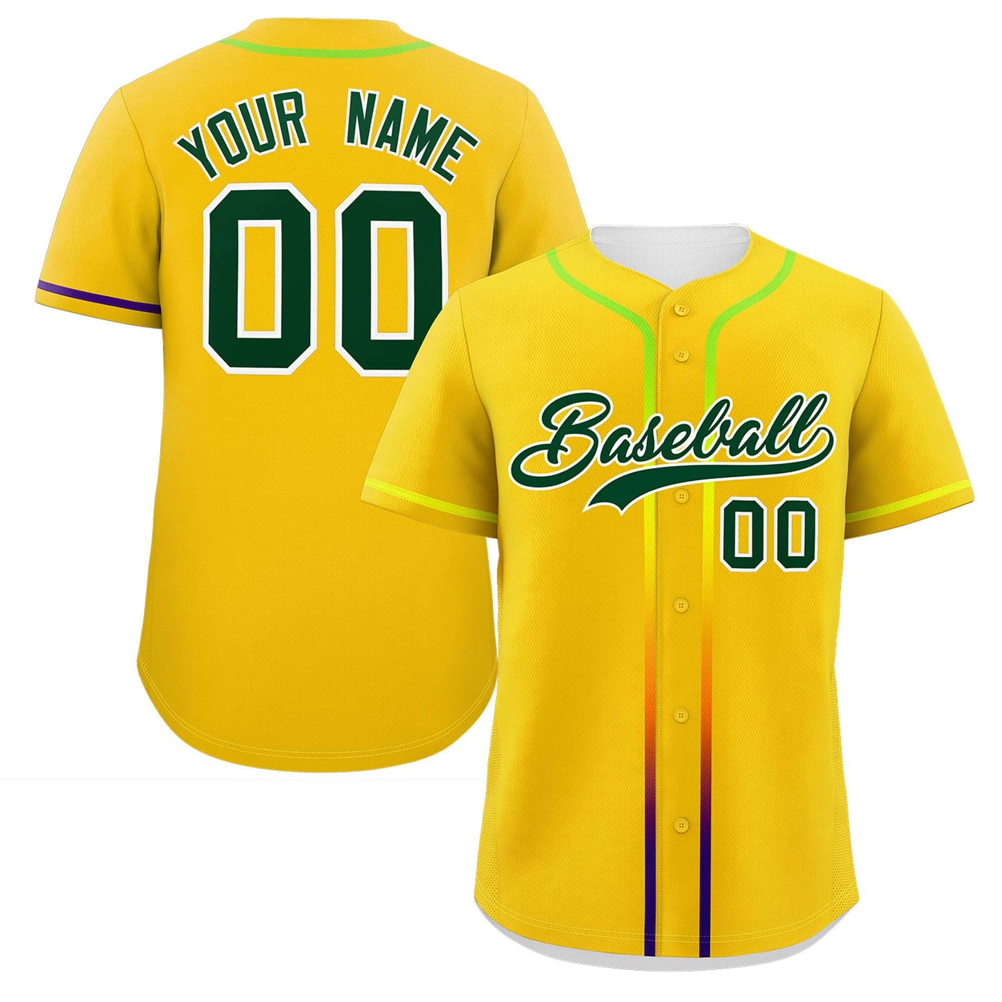 Custom Gold Green Personalized Gradient Ribbed Design Authentic Baseball Jersey