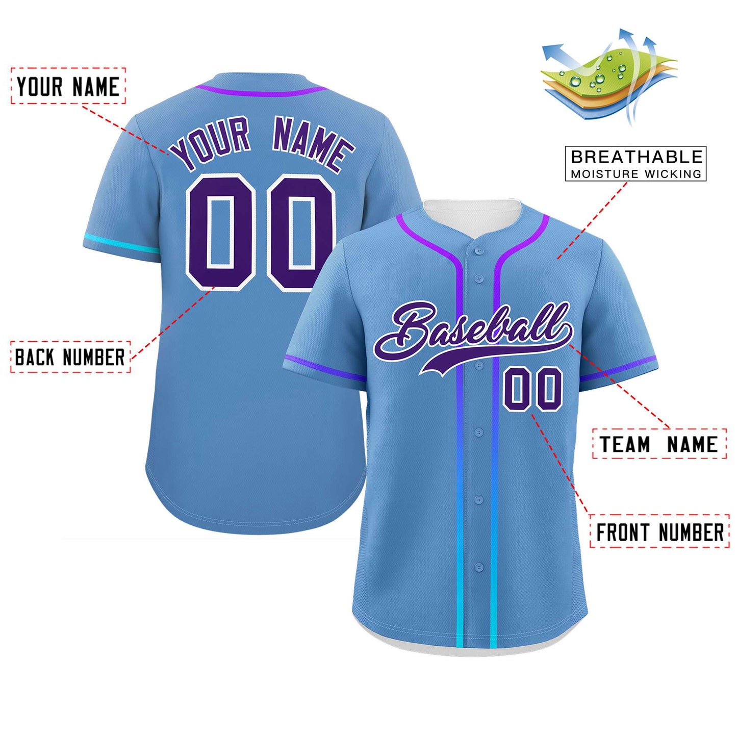 Custom Light Blue Purple Personalized Gradient Ribbed Design Authentic Baseball Jersey