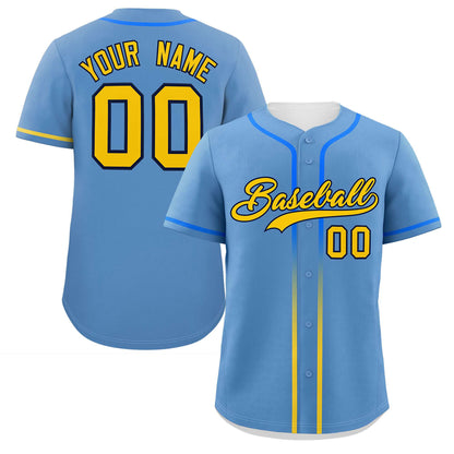 Custom Light Blue Gold Personalized Gradient Ribbed Design Authentic Baseball Jersey