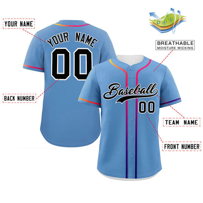 Custom Light Blue Black Personalized Gradient Ribbed Design Authentic Baseball Jersey