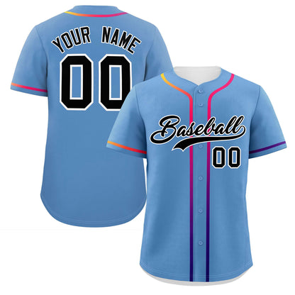 Custom Light Blue Black Personalized Gradient Ribbed Design Authentic Baseball Jersey