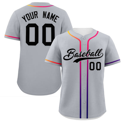 Custom Light Gray Black Personalized Gradient Ribbed Design Authentic Baseball Jersey