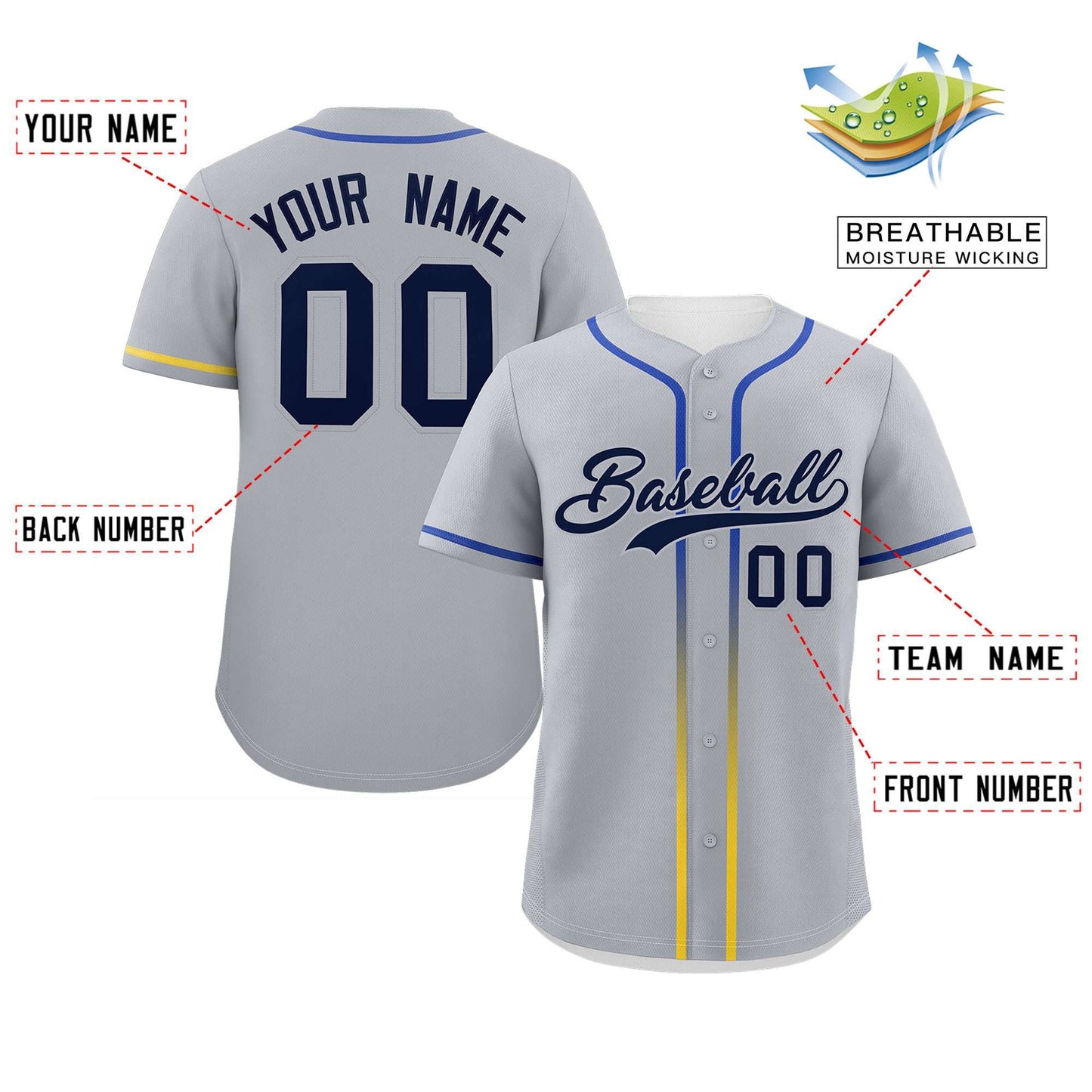 Custom Light Gray Navy Personalized Gradient Ribbed Design Authentic Baseball Jersey