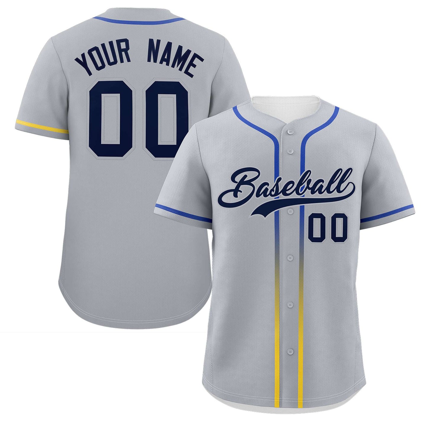 Custom Light Gray Navy Personalized Gradient Ribbed Design Authentic Baseball Jersey