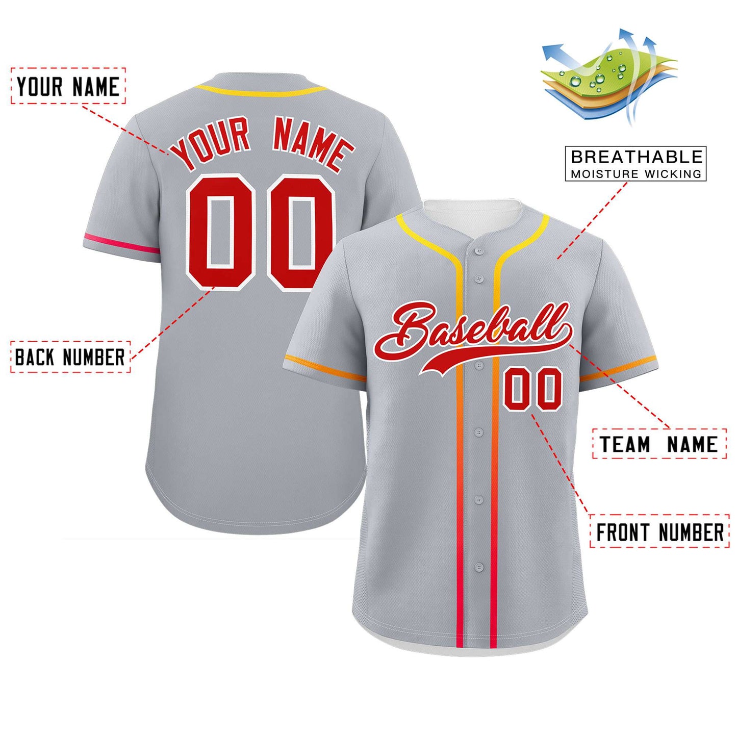 Custom Light Gray Red Personalized Gradient Ribbed Design Authentic Baseball Jersey