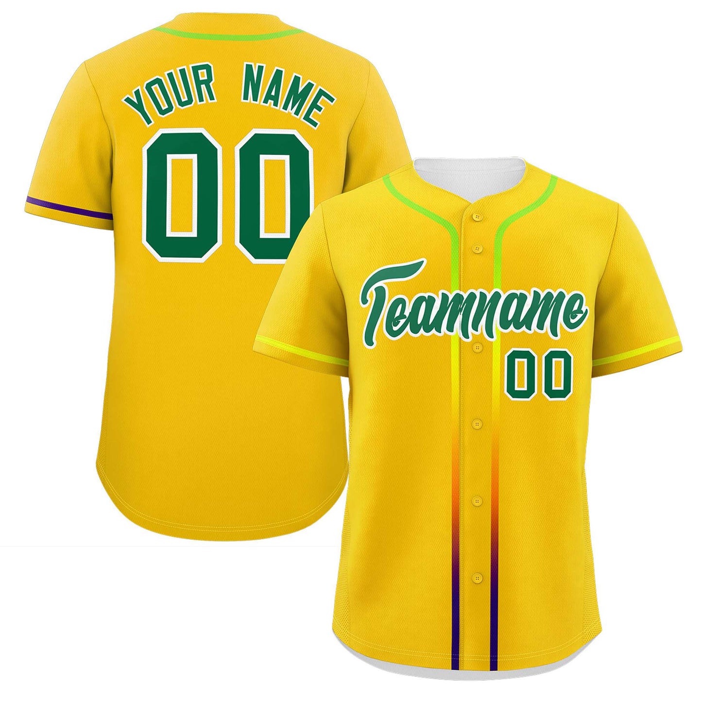 Custom Gold Kelly Green Personalized Gradient Ribbed Design Authentic Baseball Jersey