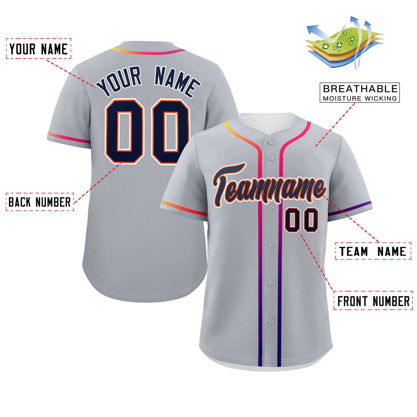 Custom Light Gray Navy Personalized Gradient Ribbed Design Authentic Baseball Jersey