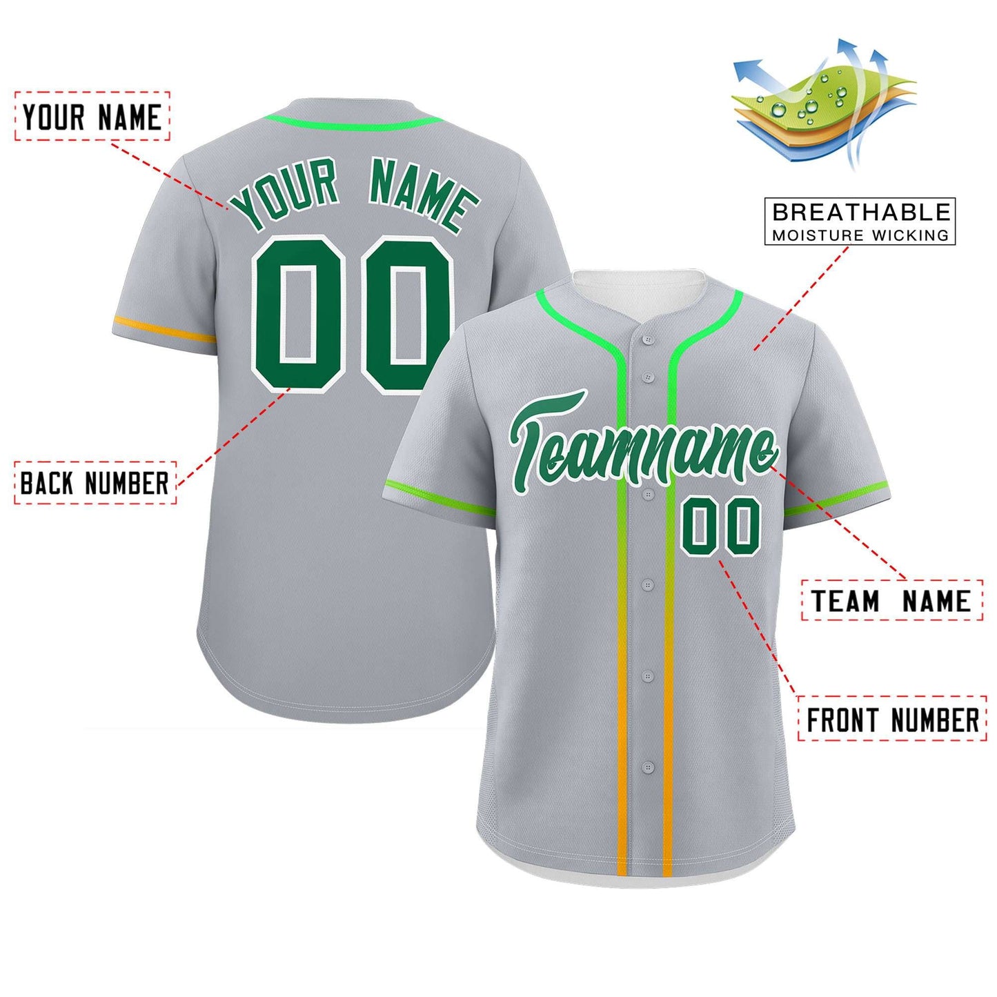 Custom Light Gray Kelly Green Personalized Gradient Ribbed Design Authentic Baseball Jersey