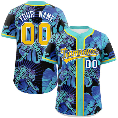 Custom Aqua Personalized Leopard Graffiti Pattern Authentic Baseball Jersey