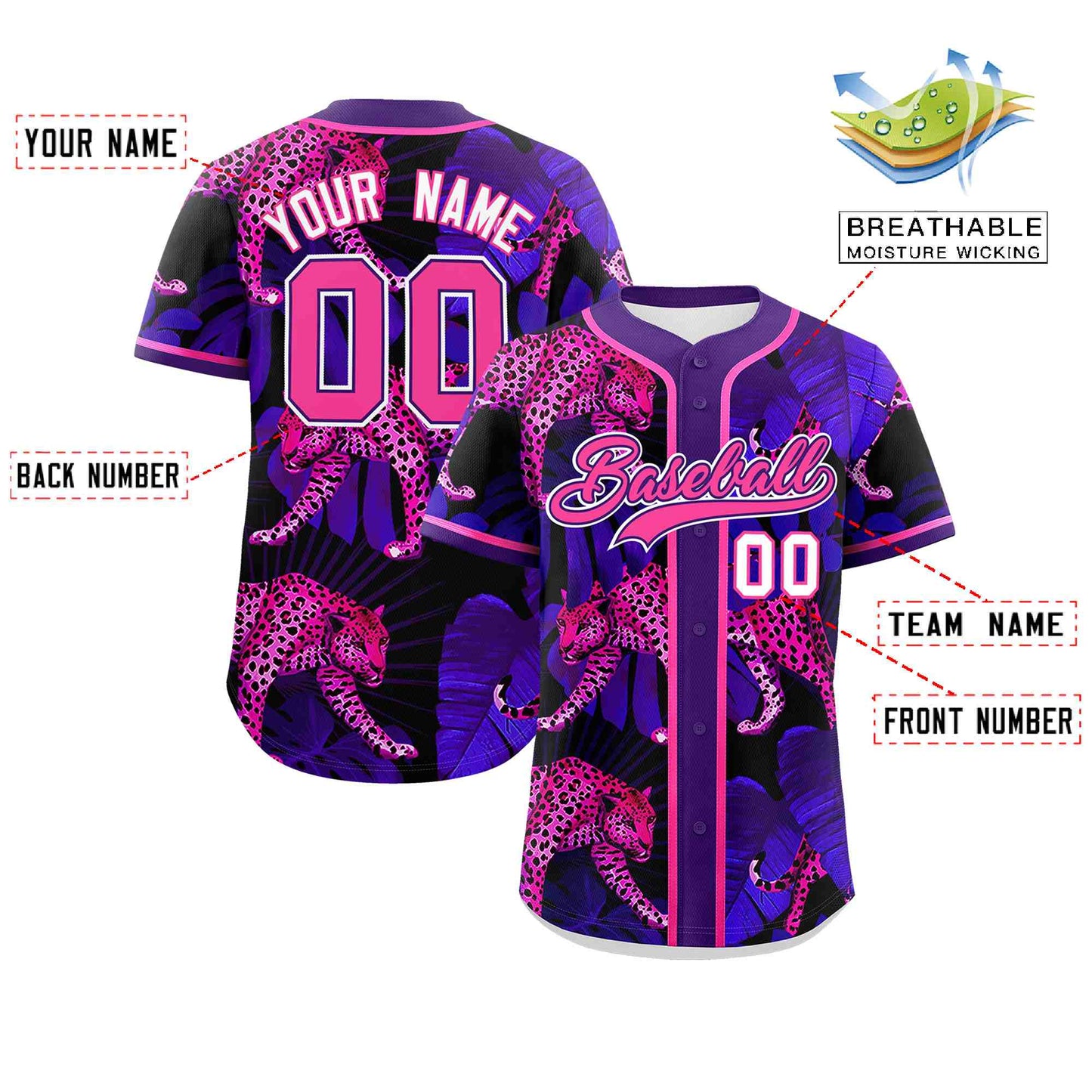 Custom Purple Personalized Leopard Graffiti Pattern Authentic Baseball Jersey