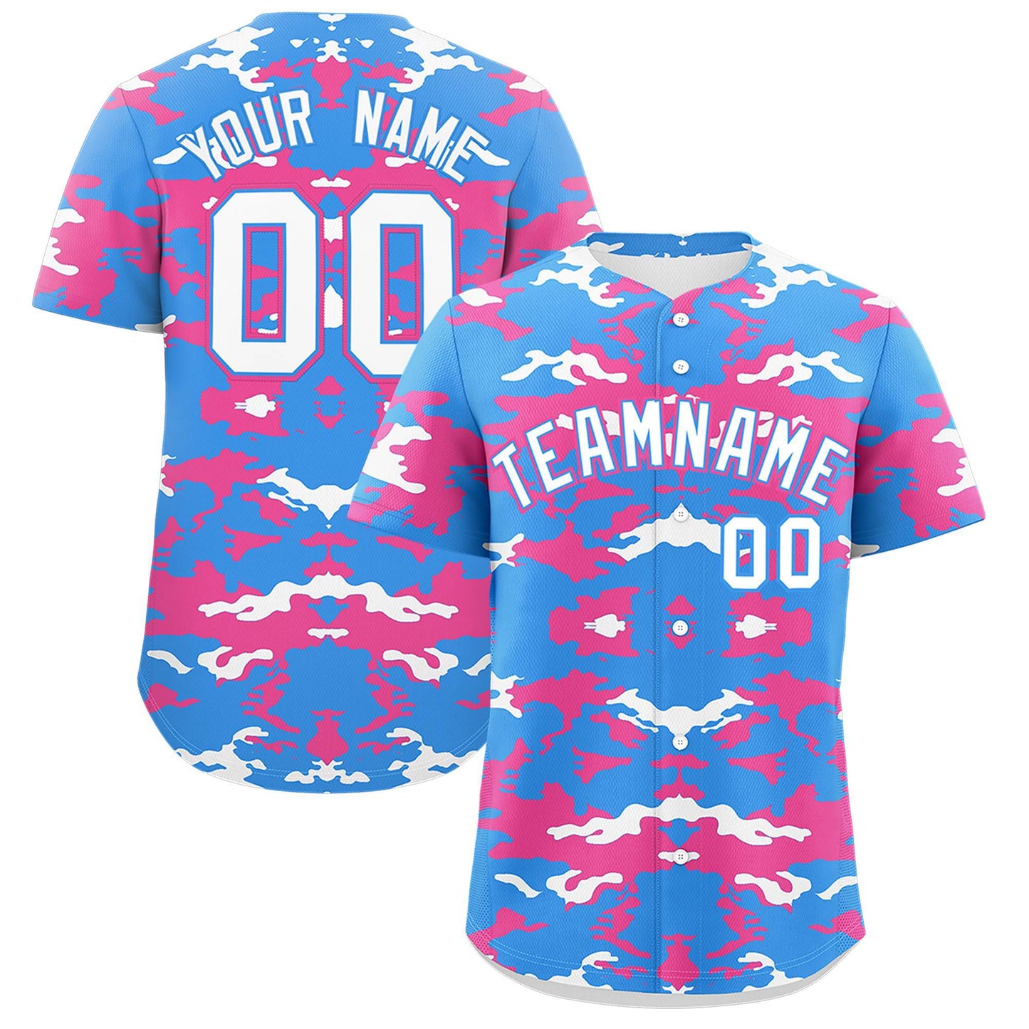 Custom Powder Blue Pink-White Personalized Camo Design Authentic Baseball Jersey