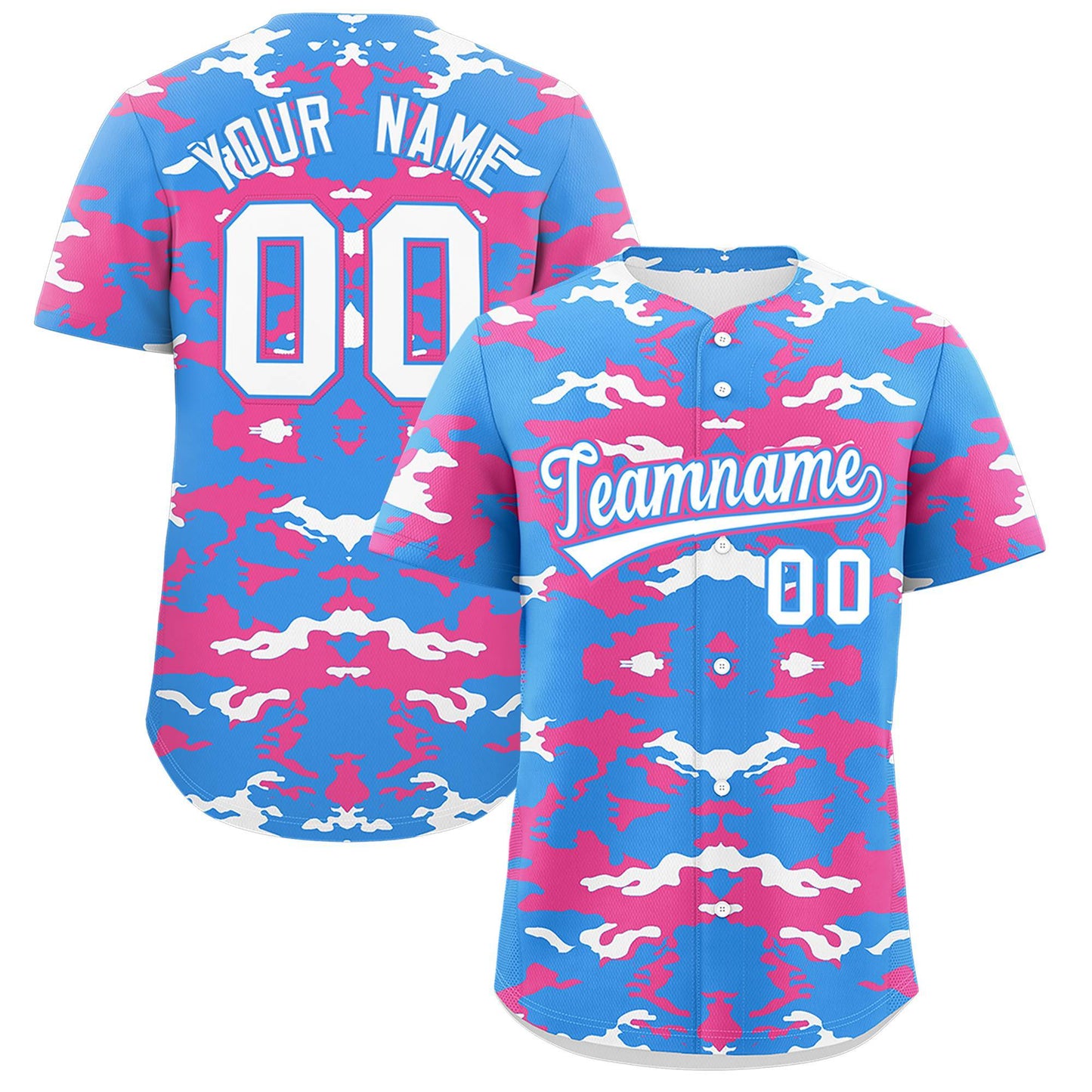 Custom Powder Blue Pink-White Personalized Camo Design Authentic Baseball Jersey