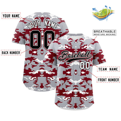 Custom Gray White-Crimson Personalized Camo Design Authentic Baseball Jersey