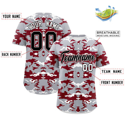 Custom Gray White-Crimson Personalized Camo Design Authentic Baseball Jersey