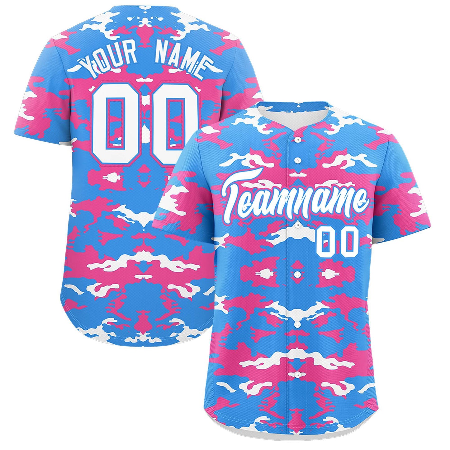 Custom Powder Blue Pink-White Personalized Camo Design Authentic Baseball Jersey