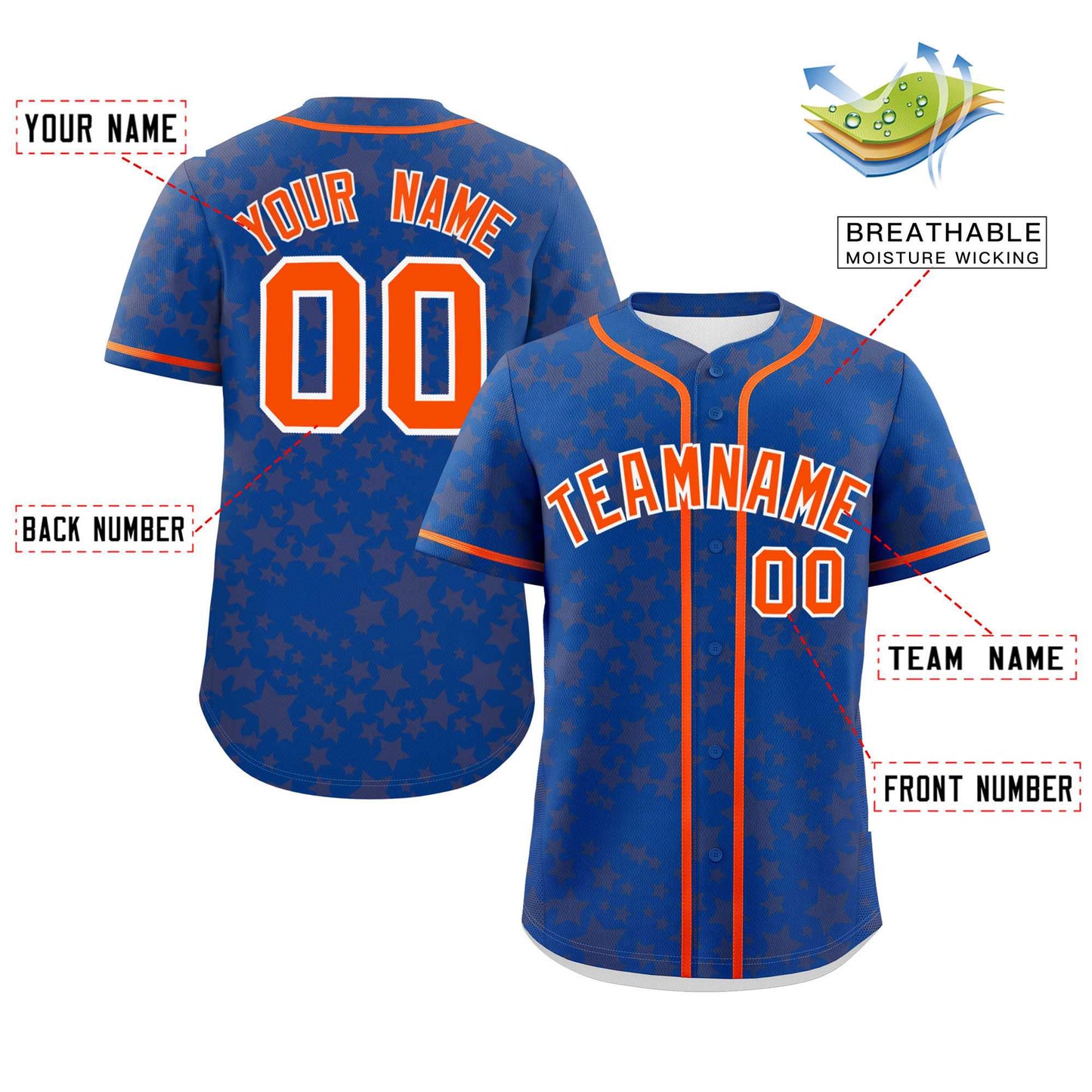 Custom Royal Orange Personalized Star Graffiti Pattern Authentic Baseball Jersey