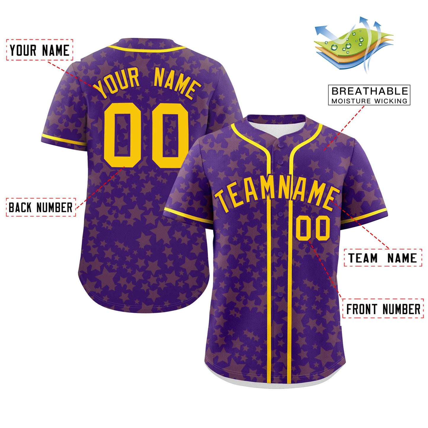 Custom Purple Gold Personalized Star Graffiti Pattern Authentic Baseball Jersey