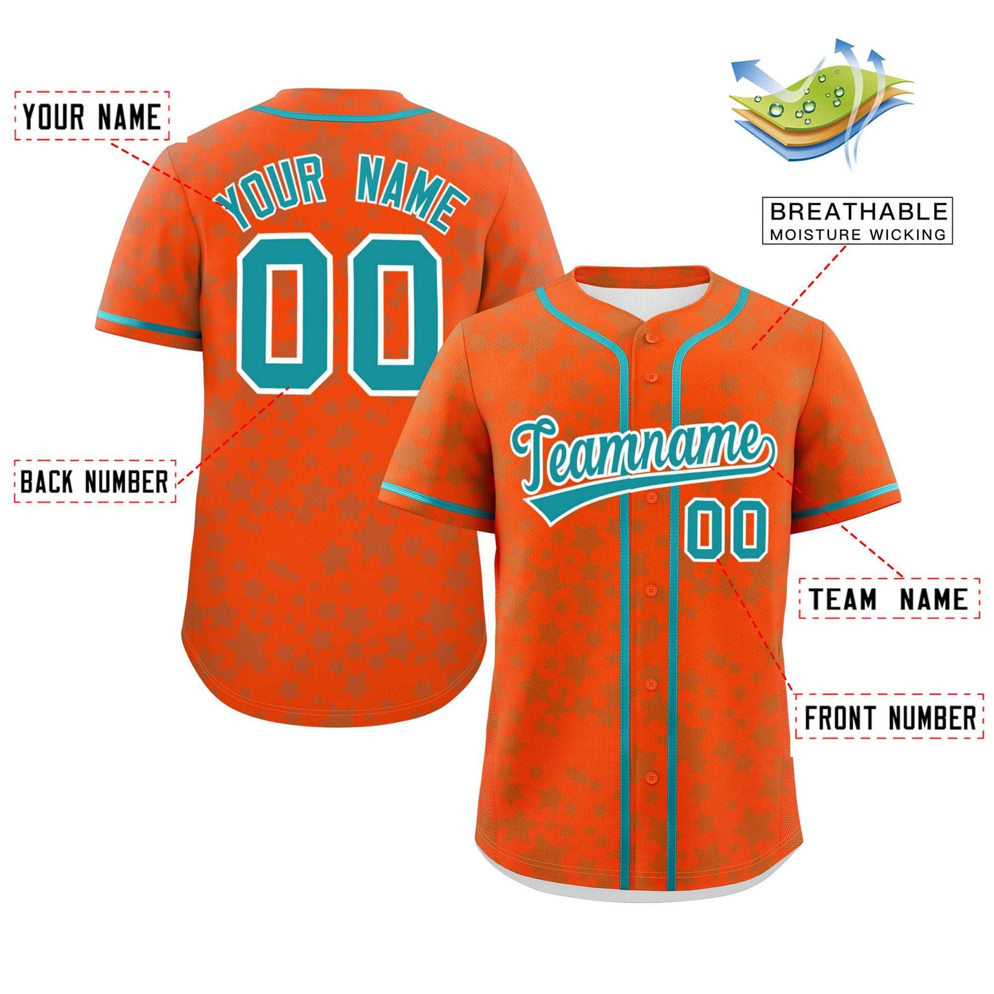 Custom Orange Aqua Personalized Star Graffiti Pattern Authentic Baseball Jersey