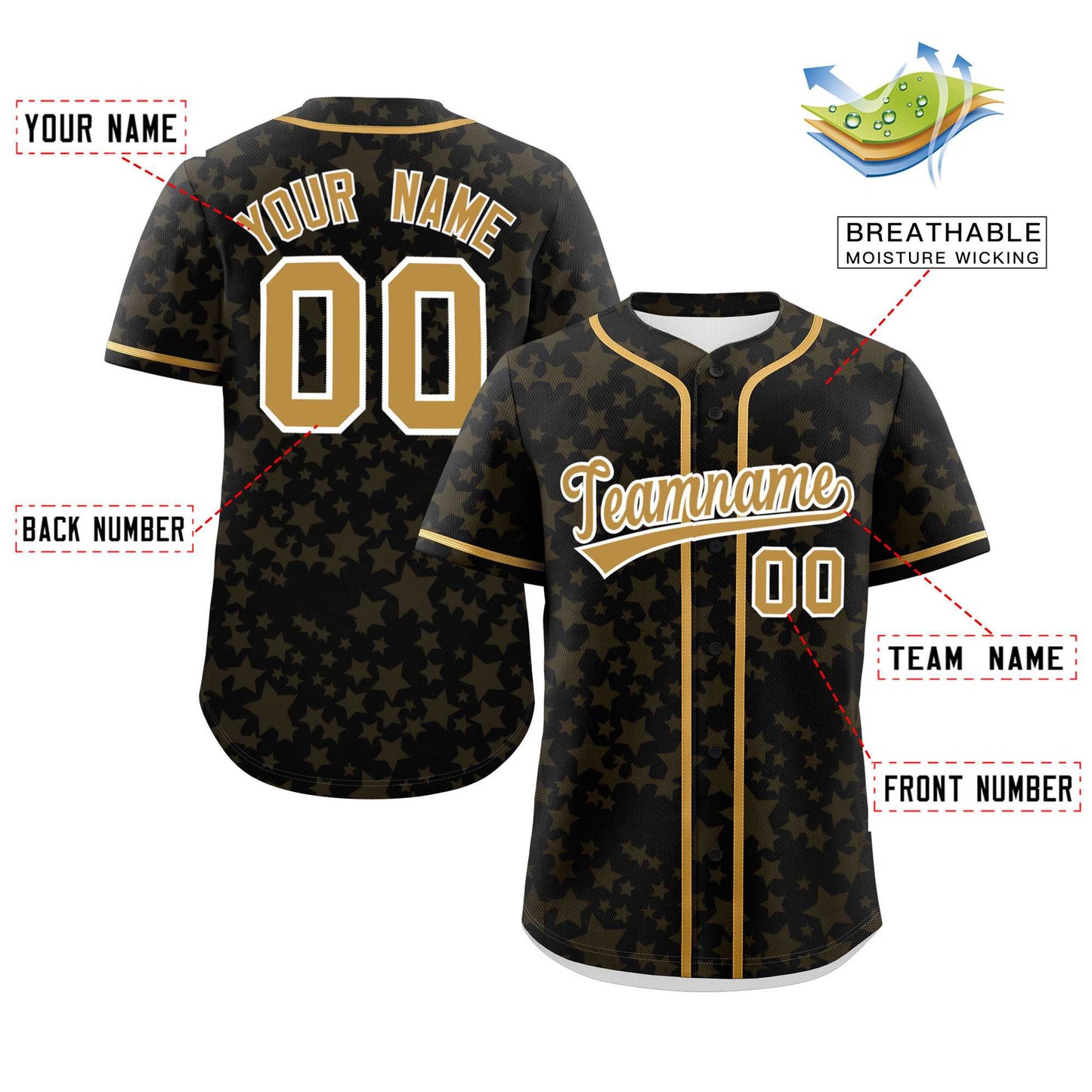 Custom Black Old Gold Personalized Star Graffiti Pattern Authentic Baseball Jersey