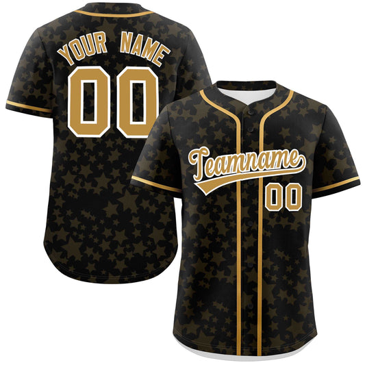 Custom Black Old Gold Personalized Star Graffiti Pattern Authentic Baseball Jersey