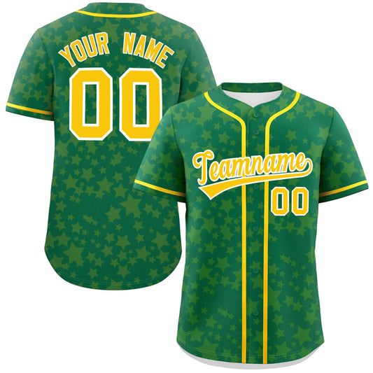 Custom Kelly Green Gold Personalized Star Graffiti Pattern Authentic Baseball Jersey