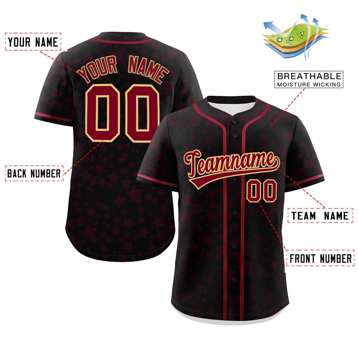 Custom Black Crimson Personalized Star Graffiti Pattern Authentic Baseball Jersey