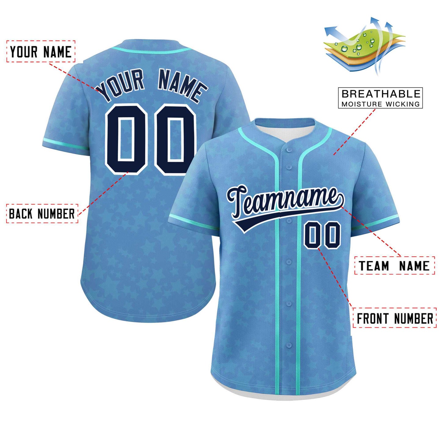 Custom Light Blue Aqua Personalized Star Graffiti Pattern Authentic Baseball Jersey