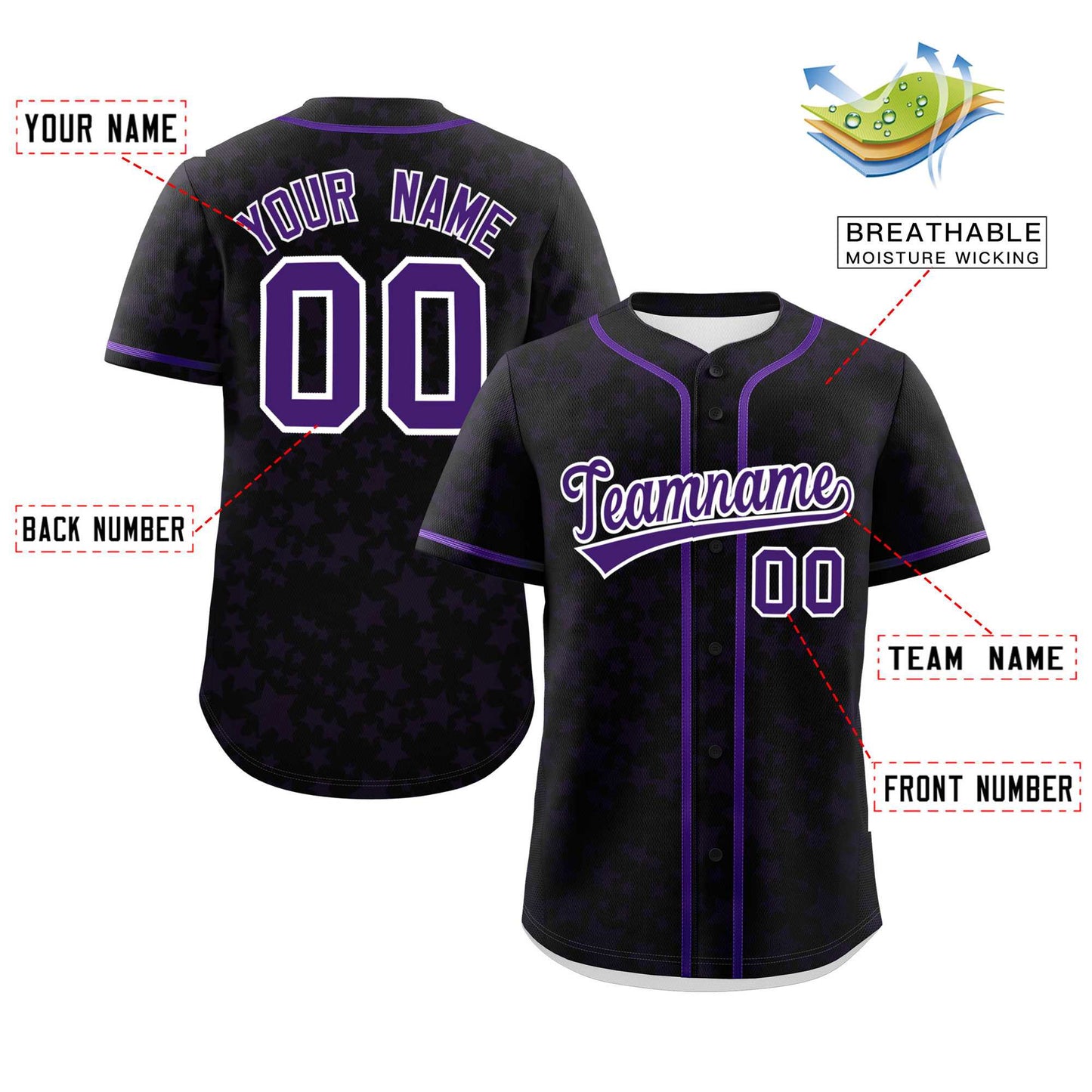 Custom Black Purple Personalized Star Graffiti Pattern Authentic Baseball Jersey