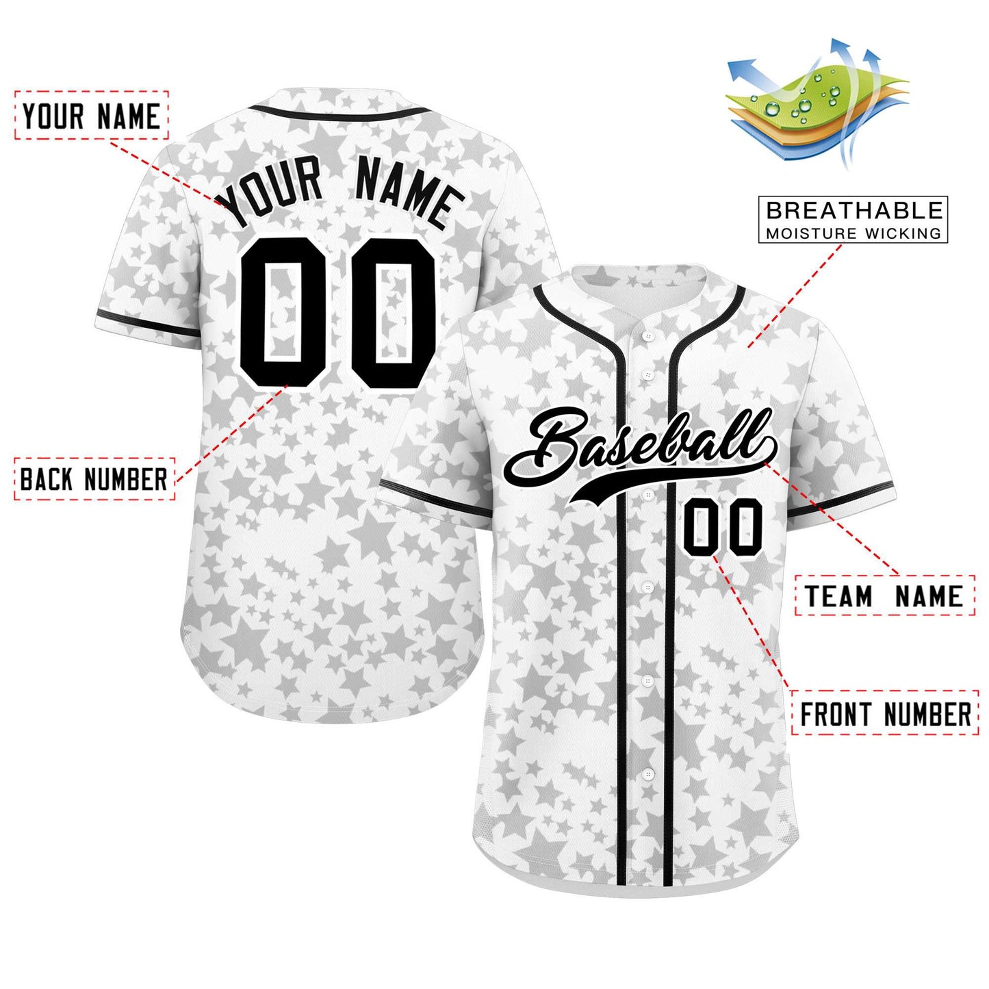 Custom White Black Personalized Star Graffiti Pattern Authentic Baseball Jersey