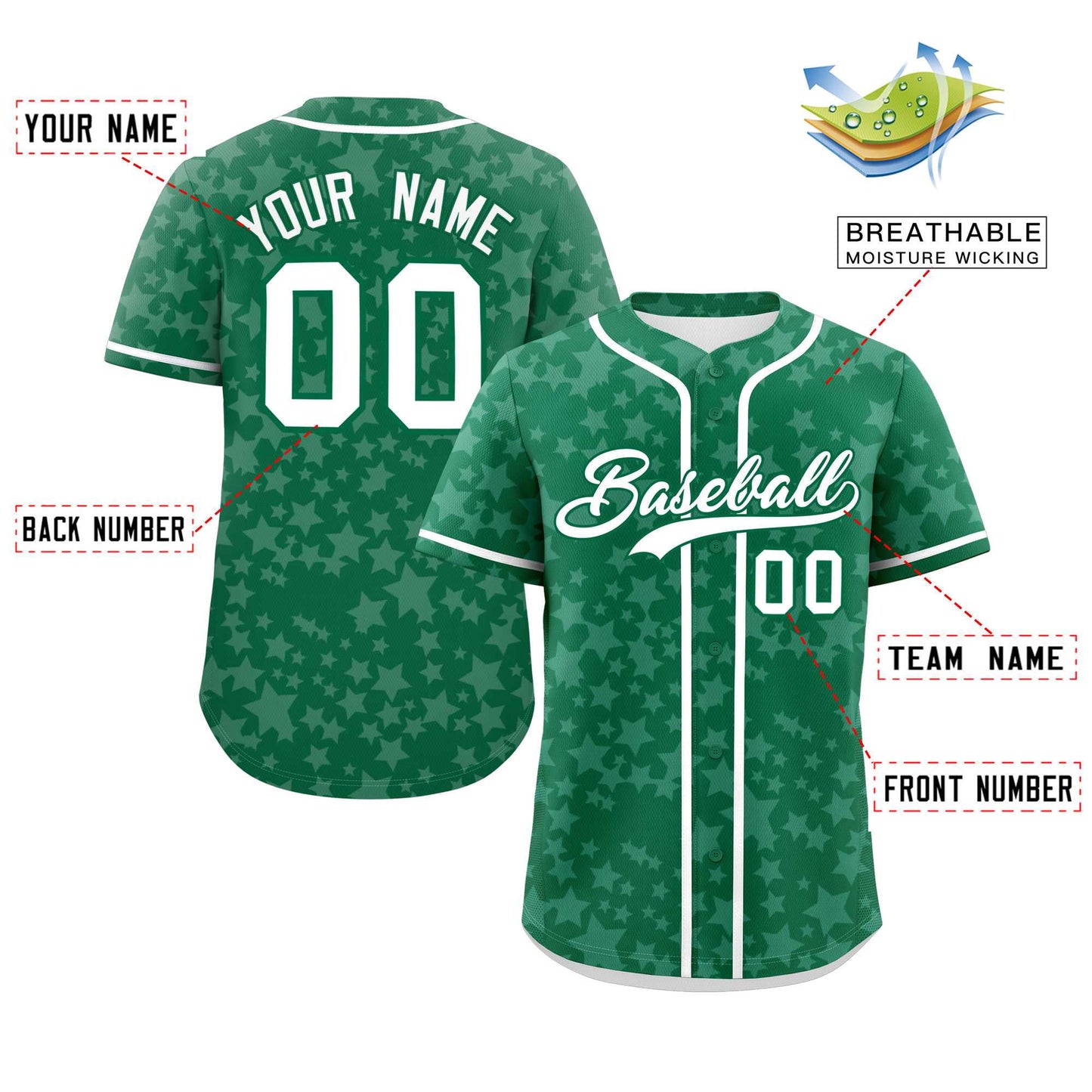 Custom Kelly Green White Personalized Star Graffiti Pattern Authentic Baseball Jersey