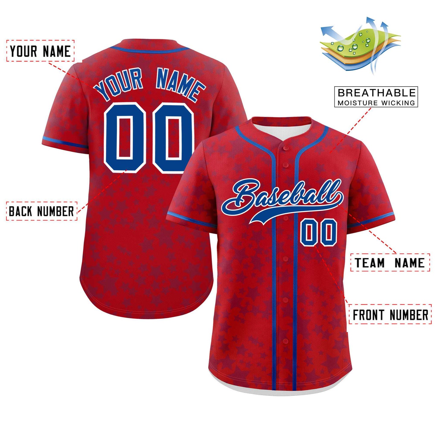 Custom Red Royal Personalized Star Graffiti Pattern Authentic Baseball Jersey