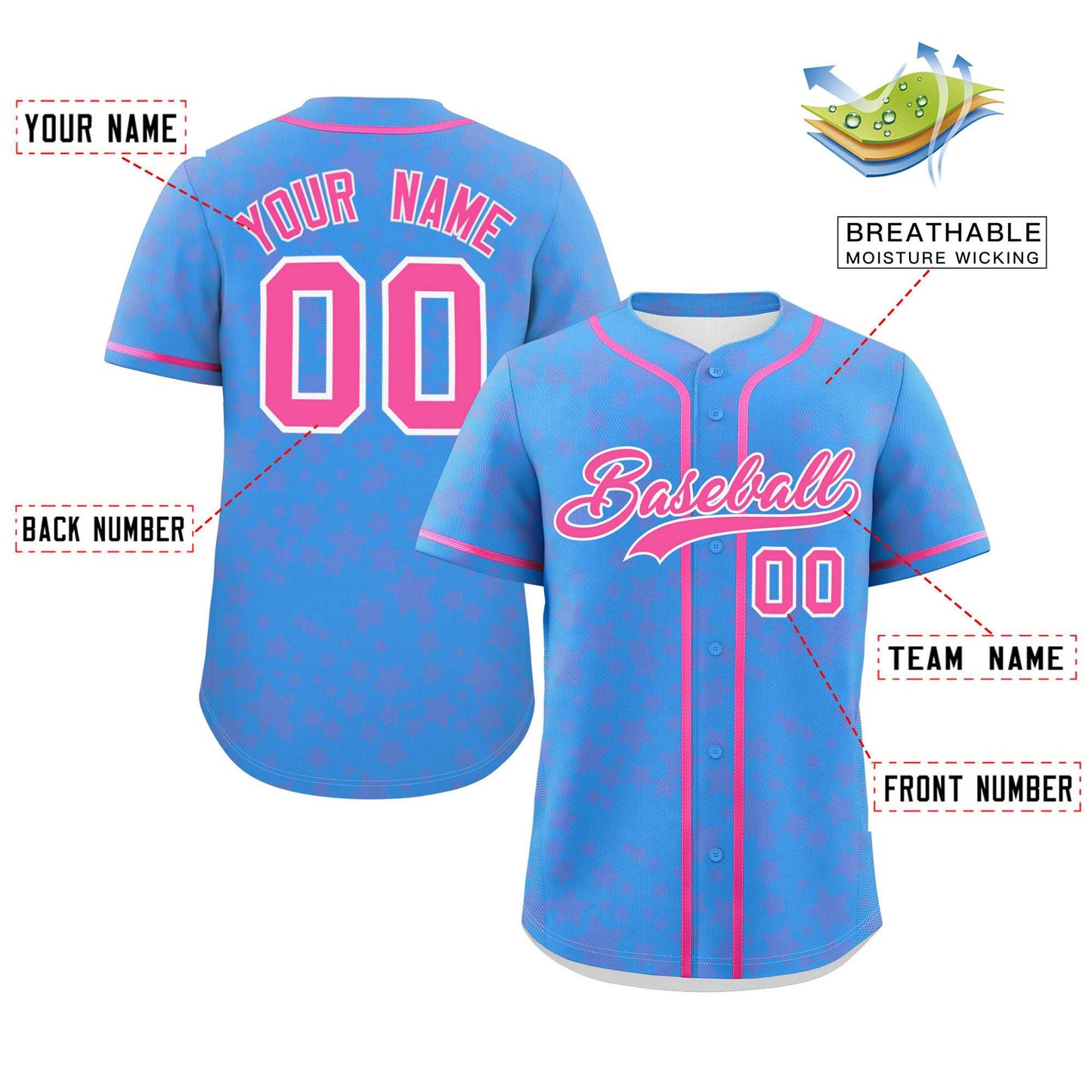 Custom Powder Blue Pink Personalized Star Graffiti Pattern Authentic Baseball Jersey