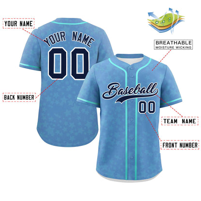 Custom Light Blue Aqua Personalized Star Graffiti Pattern Authentic Baseball Jersey