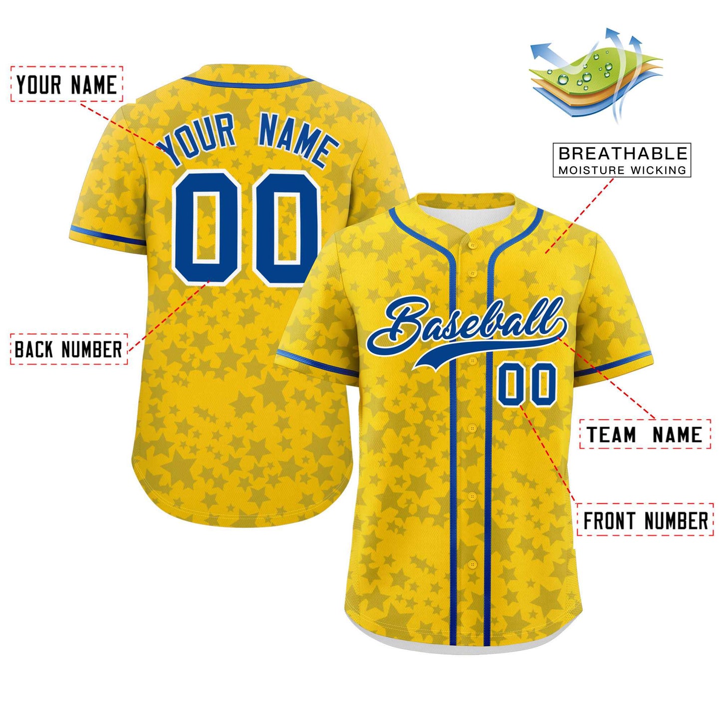 Custom Gold Royal Personalized Star Graffiti Pattern Authentic Baseball Jersey